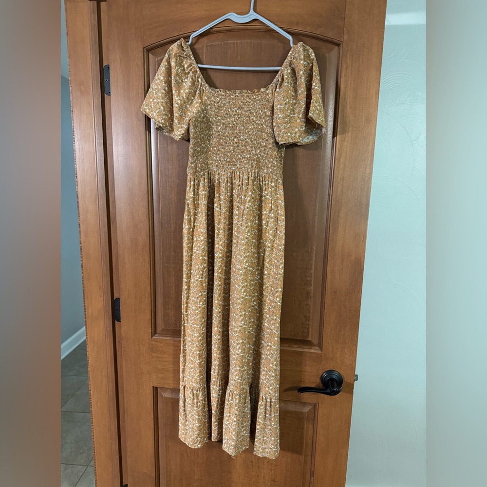 Mustard floral smocked maternity dress